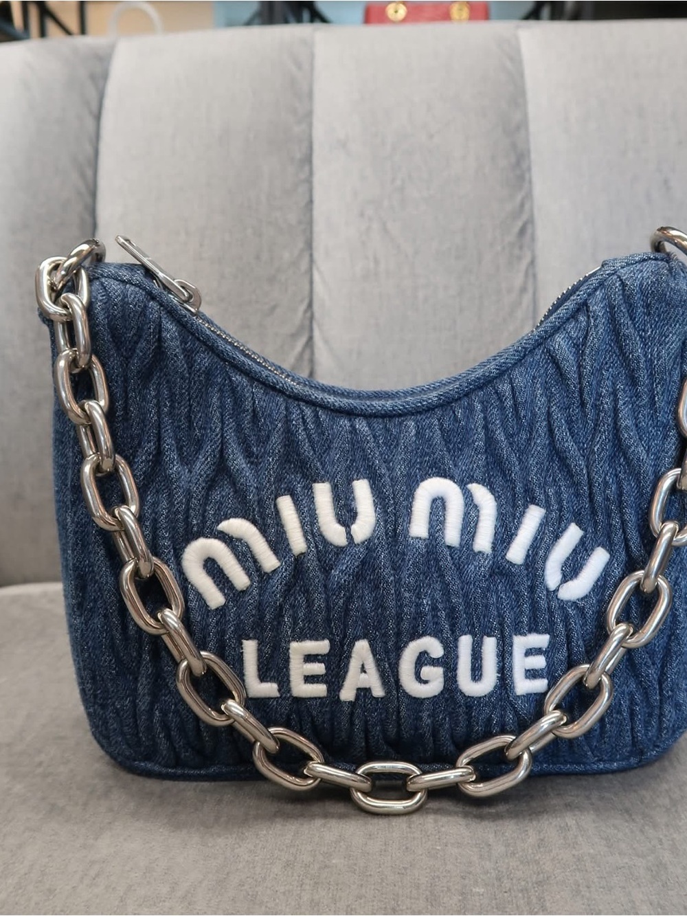 Miu Miu Blue Quilted Denim 'League' Shoulder Bag with Silver Chain